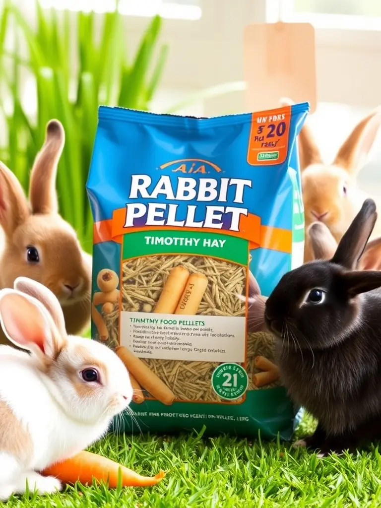 A selection of rabbit food pellets and hay, emphasizing the importance of fiber and balanced nutrition for rabbit health and digestion.