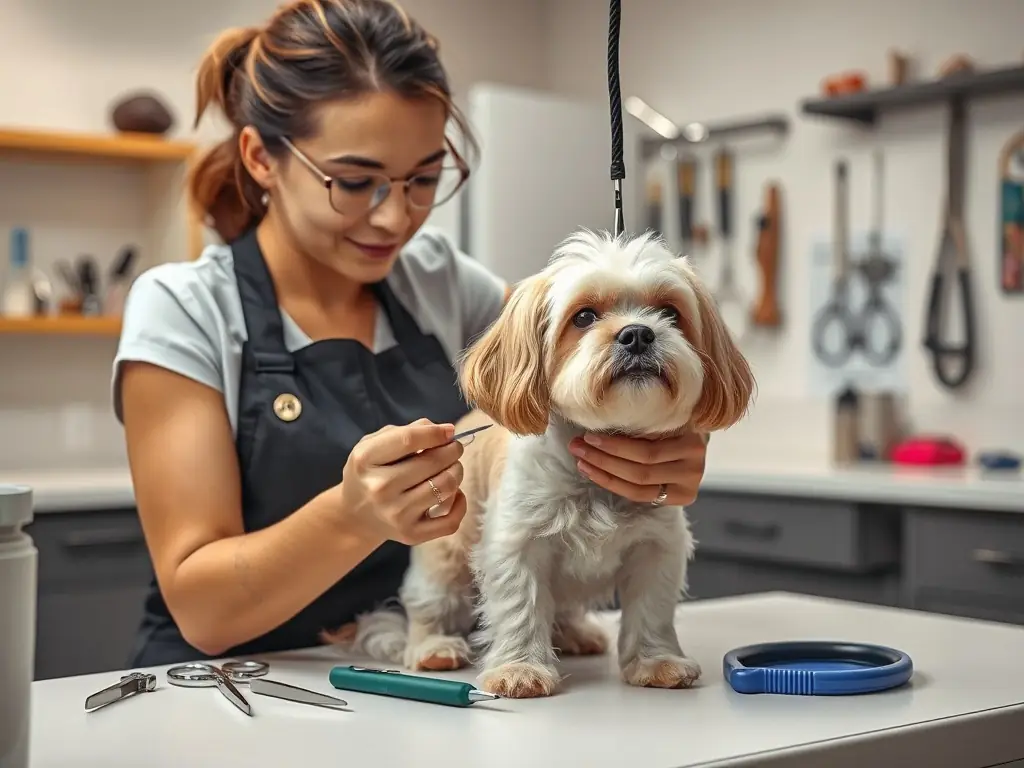 A close-up shot of a groomer carefully trimming a Poodle's fur with professional grooming scissors at Kavalirček.