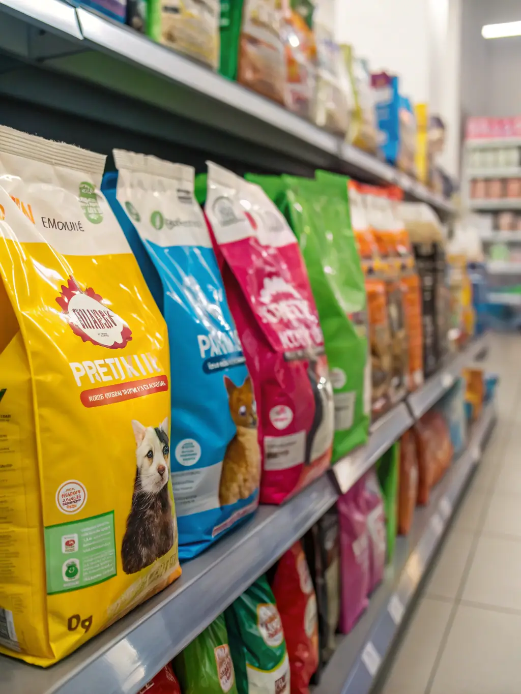 A colorful display of cat food pouches and dry food bags, highlighting the variety of flavors and nutritional benefits for feline health.