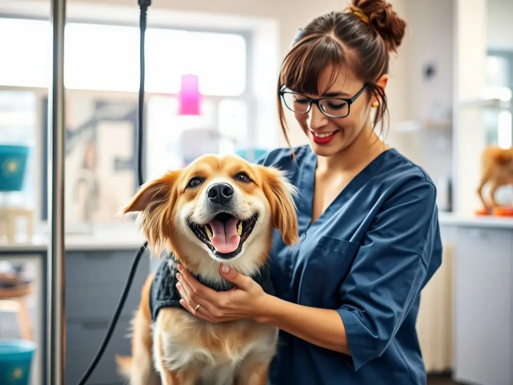 A fluffy Samoyed dog is happily enjoying a brushing session at Kavalirček's grooming salon, with a groomer gently working on its coat.