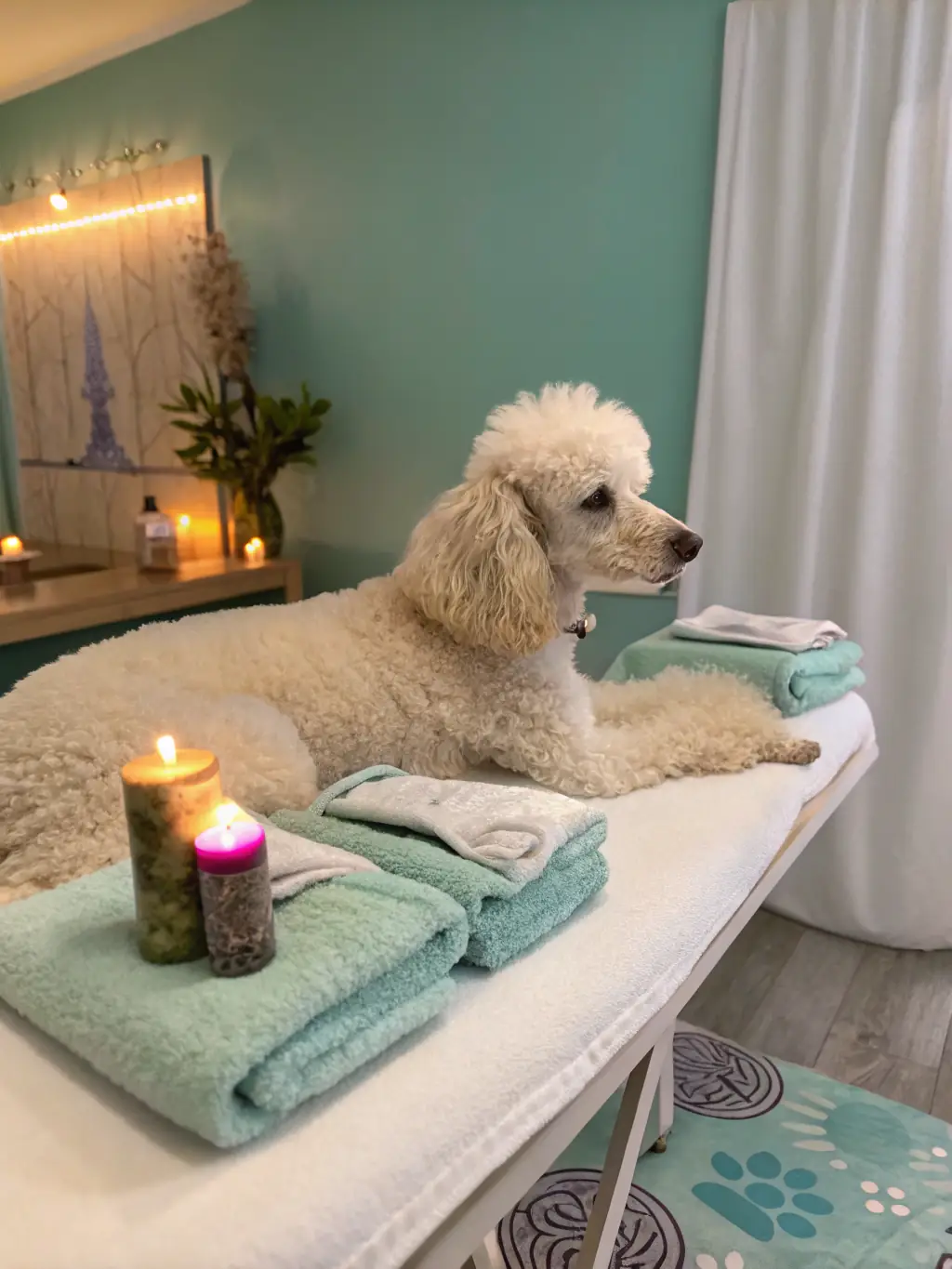 A close-up shot of a fluffy white Bichon Frise with a perfectly rounded haircut, showcasing the precision and artistry of Kavalirček's grooming services. The dog is standing on a grooming table with a neutral background.