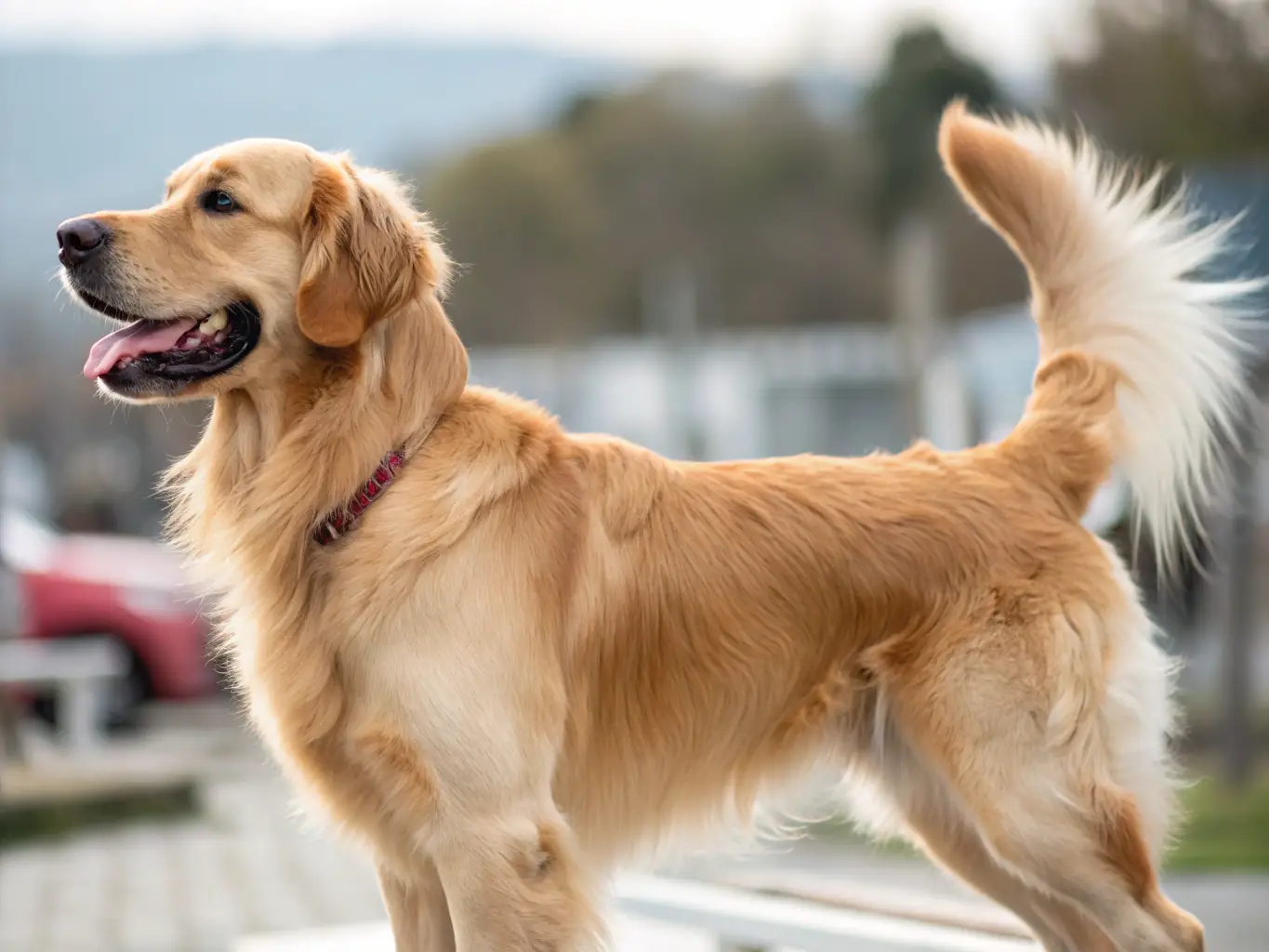 A clean and happy Golden Retriever dog stands proudly after a bath and grooming session at Kavalirček, showcasing its shiny and well-maintained coat.
